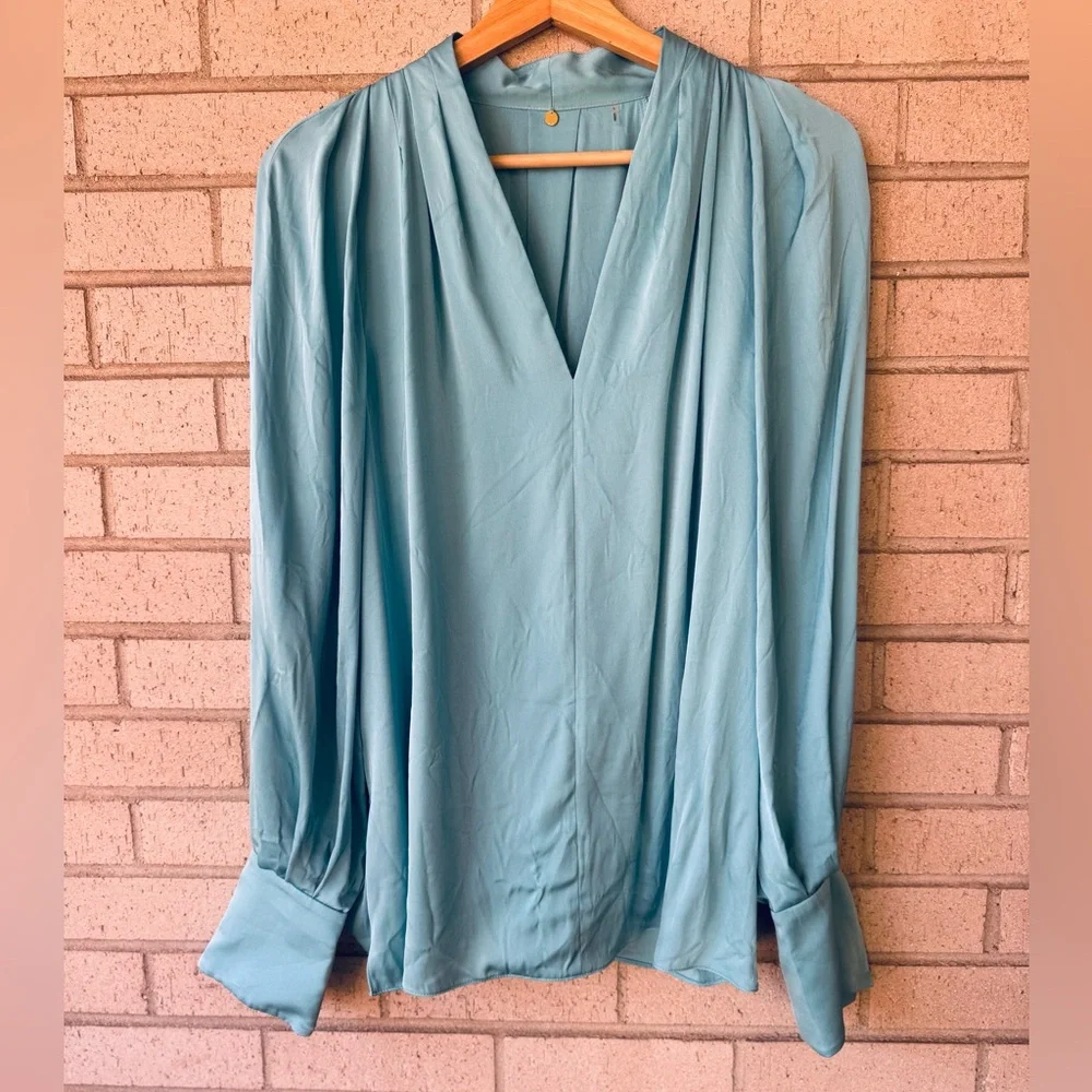 Kobi Halperin Nanee Pleated Silk Longsleeve V Neck Blouse Blue Teal Size Large - Picture 2 of 8